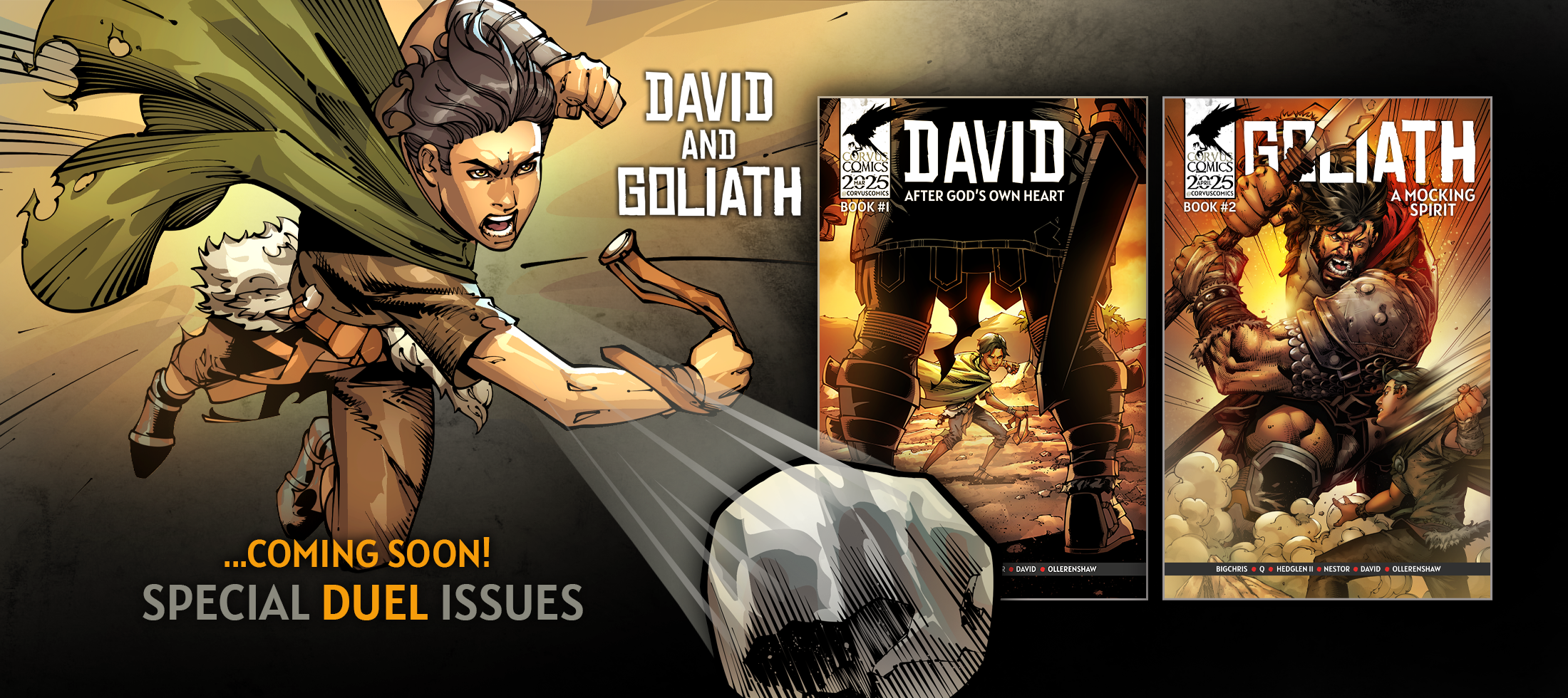 Corvus Comics David and Goliath special duel issues coming soon, depicting action-packed illustrated covers showcasing the iconic biblical showdown.