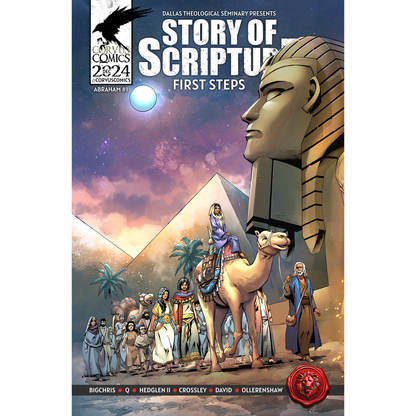 Cover of Corvus Comics' Story of Scripture: Abraham Book 1 – First Steps, presented by Dallas Theological Seminary, depicting Abraham's early journey with rich, illustrative biblical artwork.