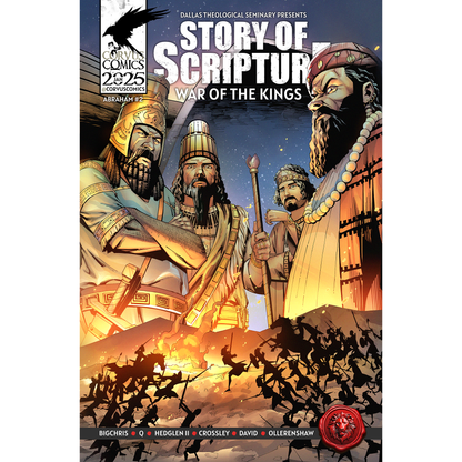 Cover of Corvus Comics' Story of Scripture: Abraham Book 2 – War of the Kings, illustrating the intense biblical battle between ancient kings, presented by Dallas Theological Seminary.