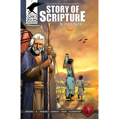 Cover of Corvus Comics' Story of Scripture: Abraham Book 3 – Blood Oath, showcasing vivid biblical scenes reflecting Abraham’s covenant journey, presented by Dallas Theological Seminary.