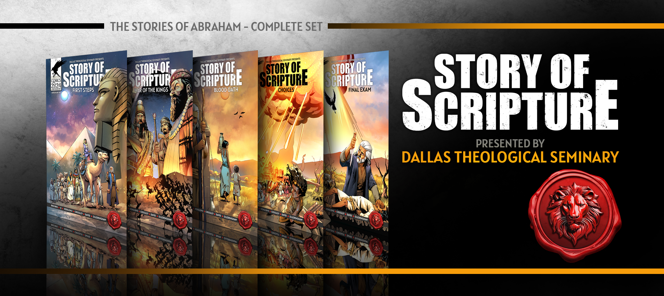 Corvus Comics Story of Scripture complete Abraham series comic book set, presented by Dallas Theological Seminary, illustrating pivotal biblical events from Abraham's life.