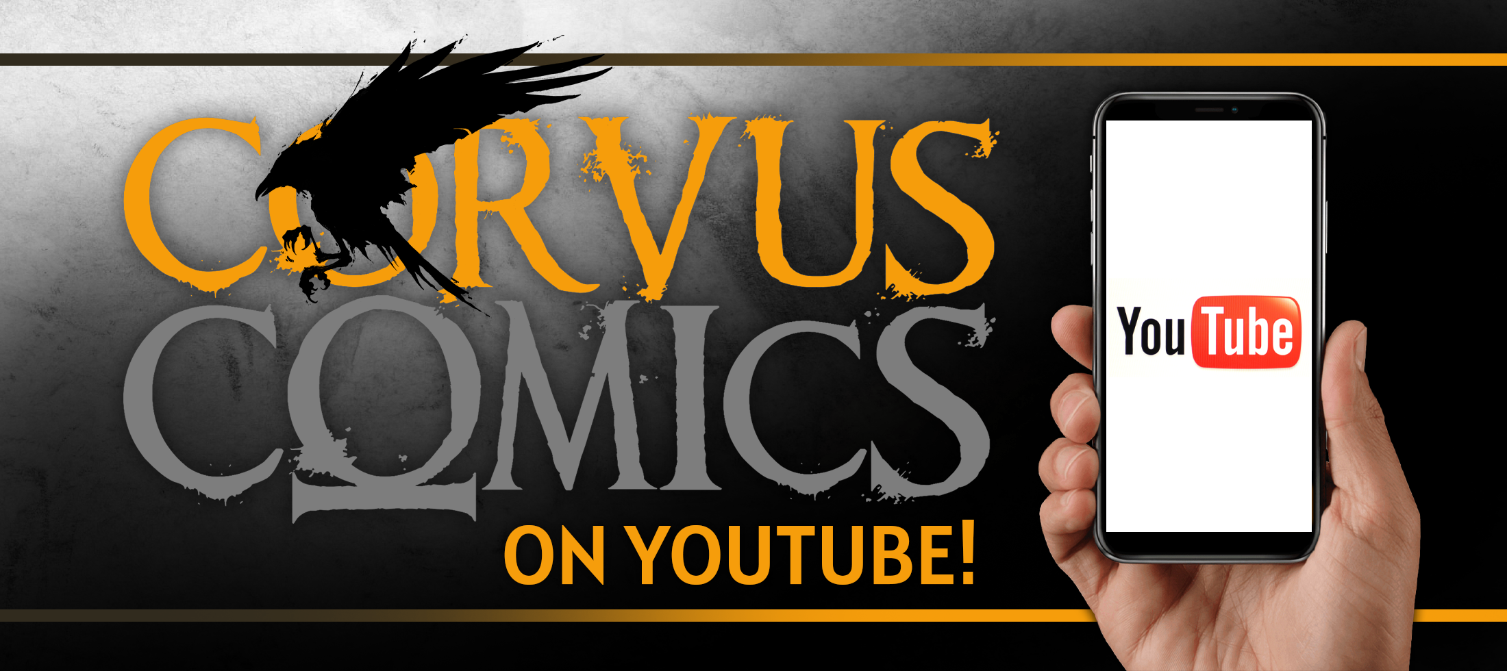 Corvus Comics official YouTube promotion banner featuring the Corvus Comics logo and YouTube icon encouraging viewers to explore faith-based comic book content online.