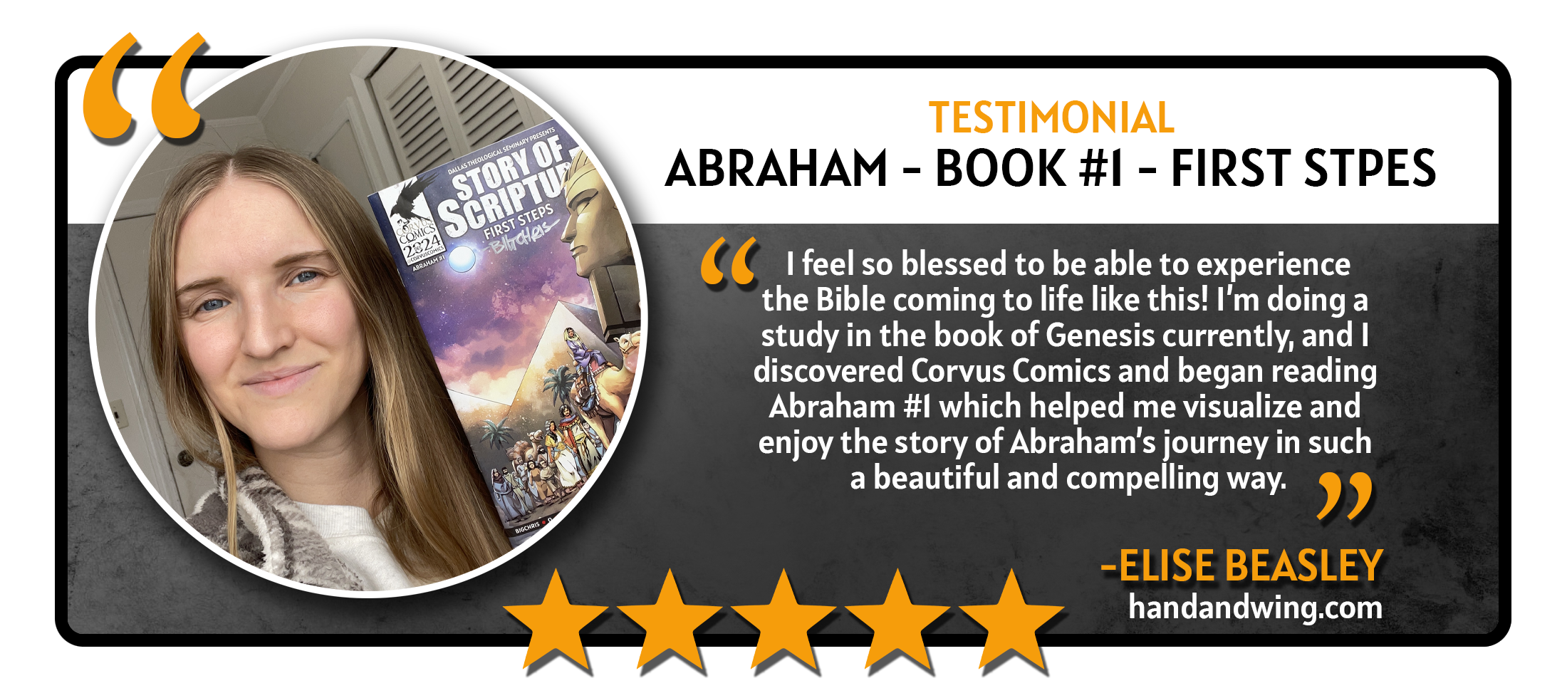 Elise Beasley smiling gently, holding the 'Story of Scripture: First Steps' comic book. Her testimonial describes how the comic beautifully illustrates the biblical narrative, enhancing her personal study of Genesis.
